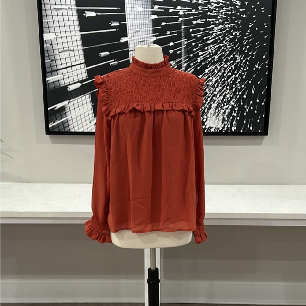 BRAND NEW! Copper/Pumpkin Pleated & Smocked Mock Neck Top w/Smocked Ruffled Cuff